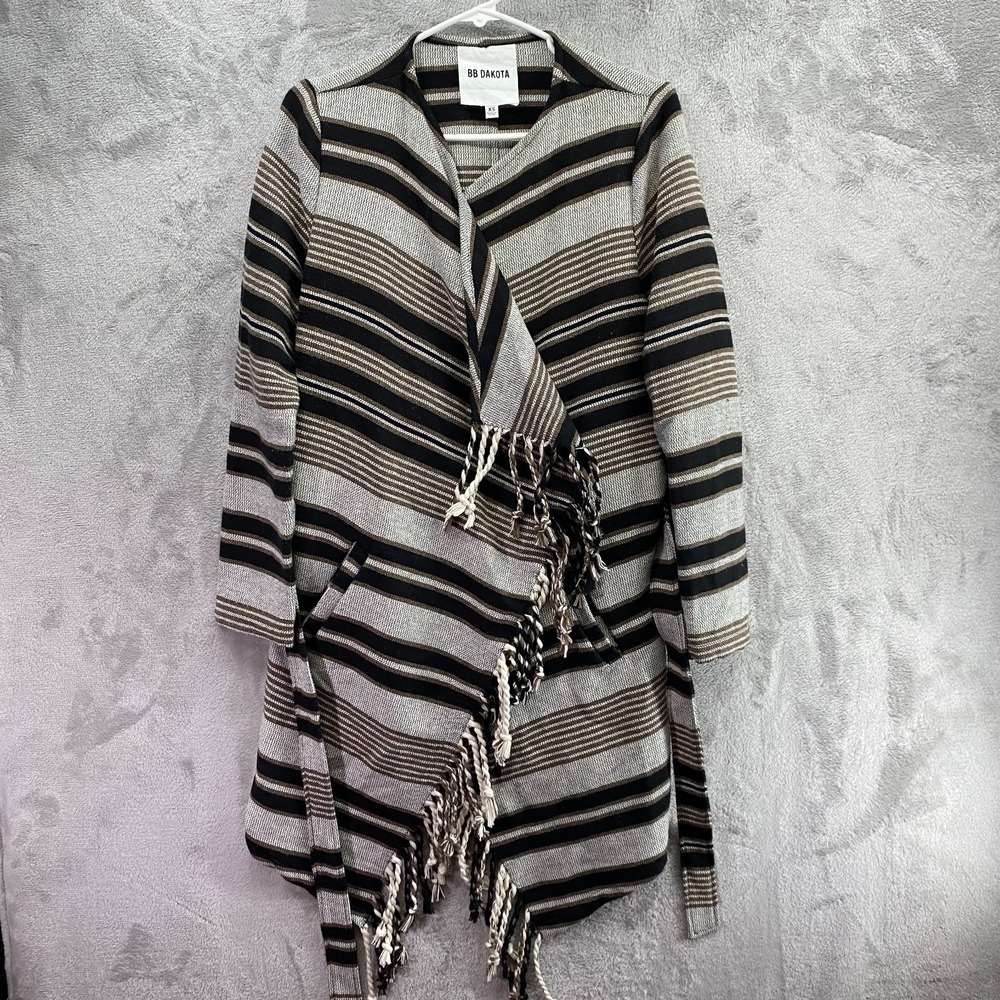 BB Dakota Striped Open Front Fringe Cardigan Sweater Women XS Boho